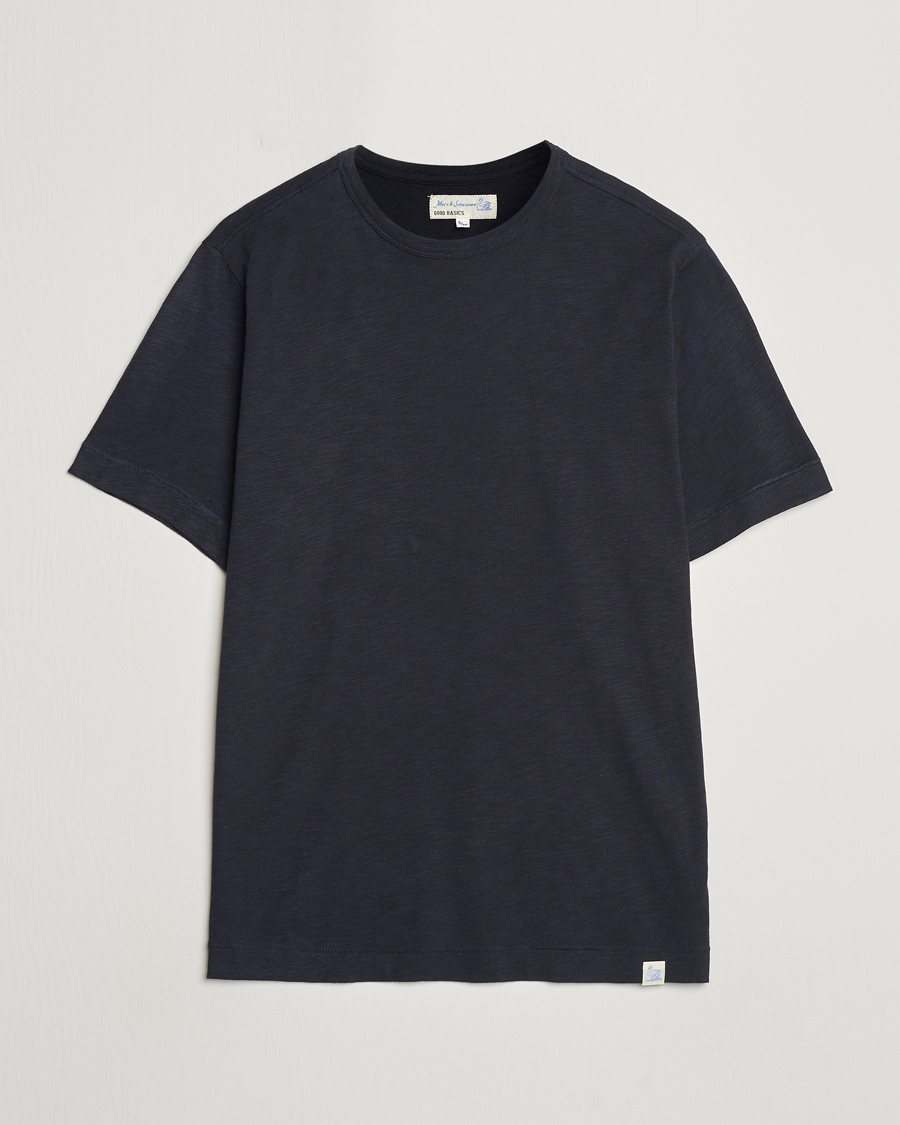 Herre | T-Shirts | Merz b. Schwanen | Organic Pima Cotton Slub Crew Neck T-Shirt Dark Navy