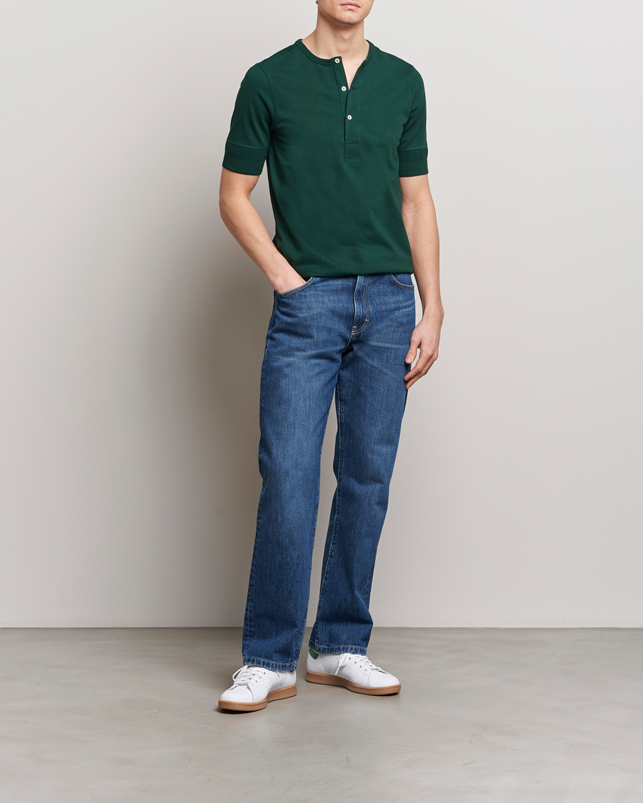 Herre | T-Shirts | Merz b. Schwanen | Short Sleeve Organic Cotton Henley Classic Green