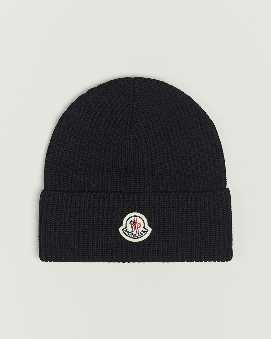 Herre | Moncler Ribbed Wool Beanie Black | Moncler | Ribbed Wool Beanie Black
