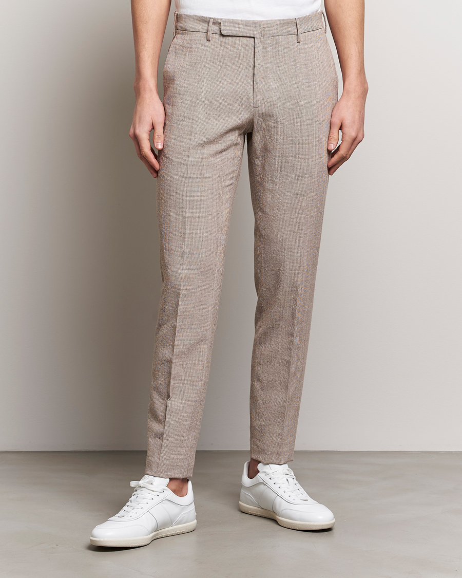 Herre | Linbukser | Incotex | Slim Fit Cotton/Linen Micro Houndstooth Trousers Beige