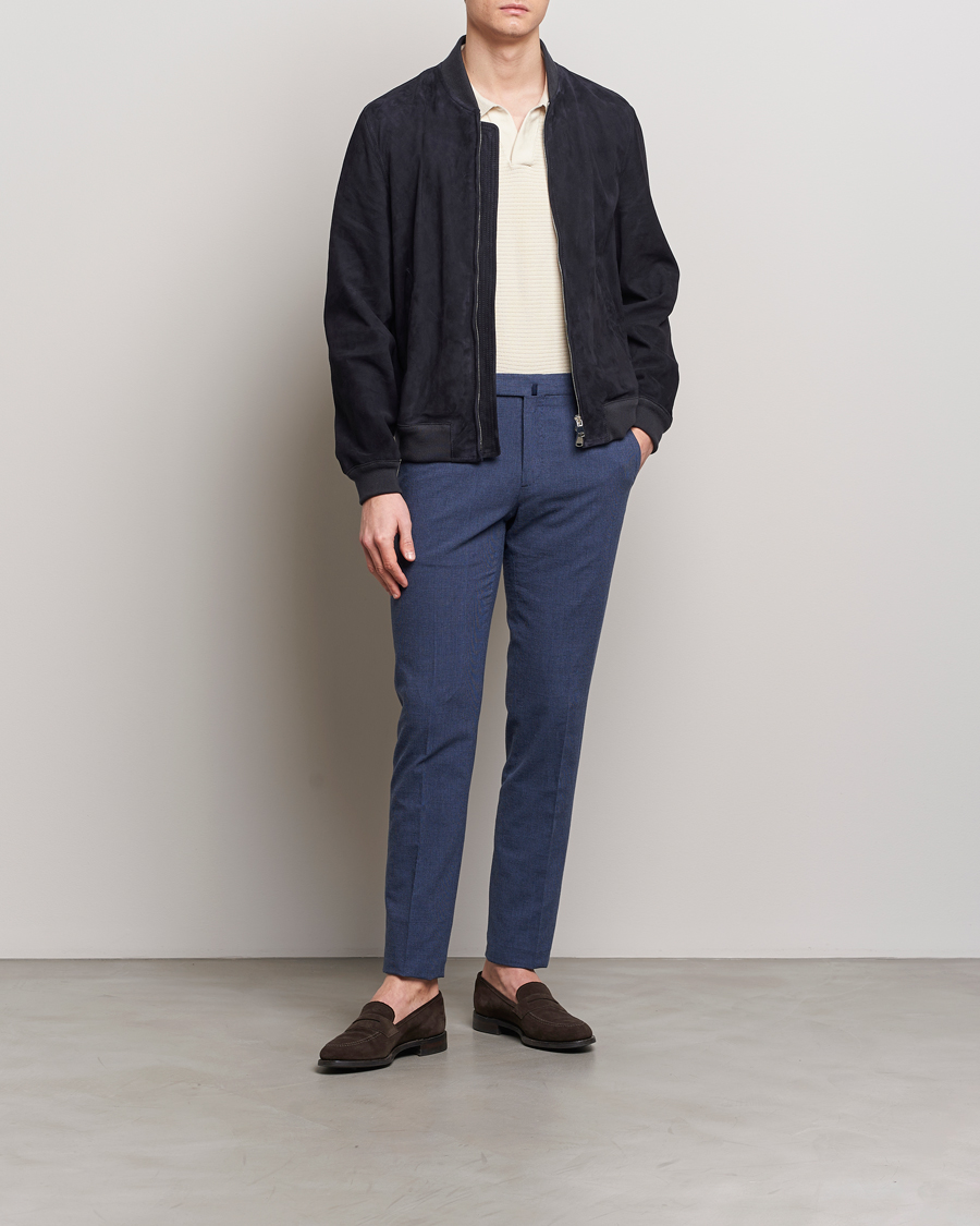 Herre | Bukser | Incotex | Slim Fit Cotton/Linen Micro Houndstooth Trousers Dark Blue