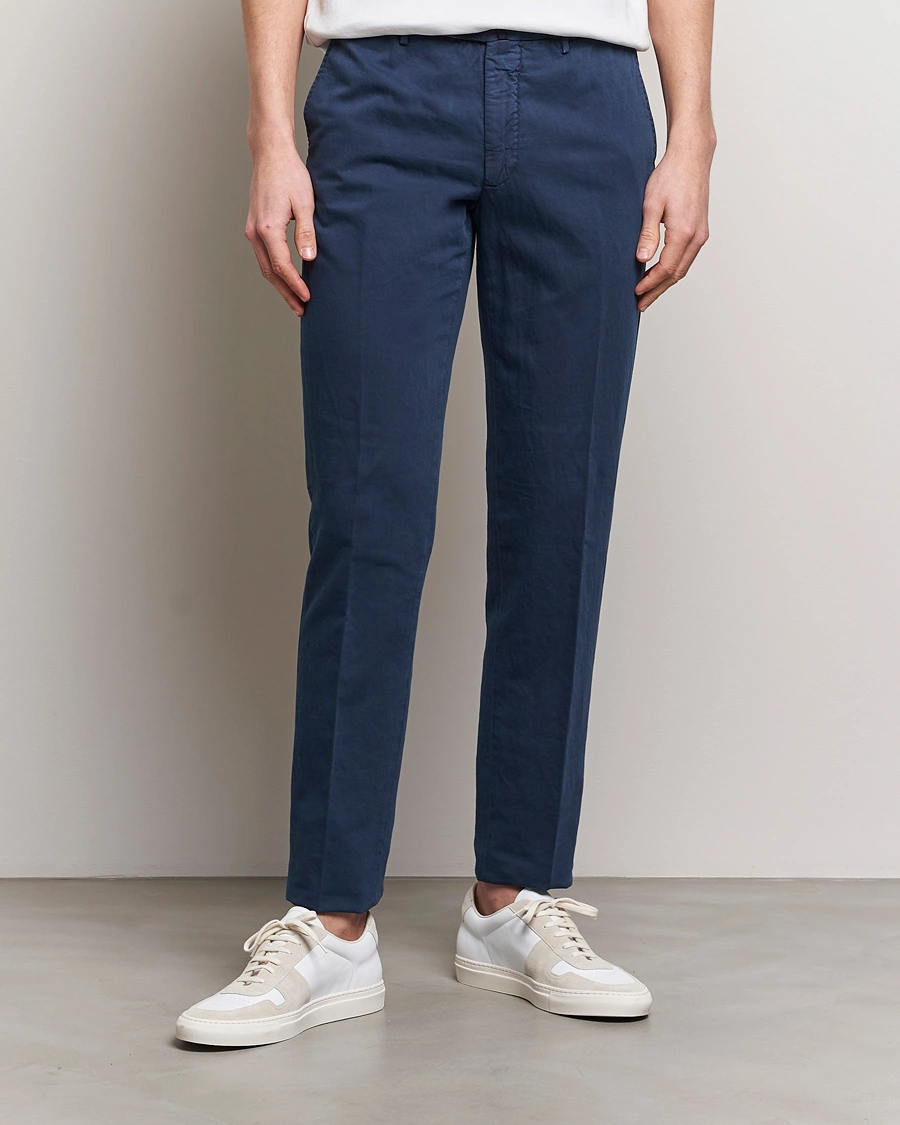 Herre | Slowear | Incotex | Regular Fit Comfort Cotton/Linen Trousers Navy
