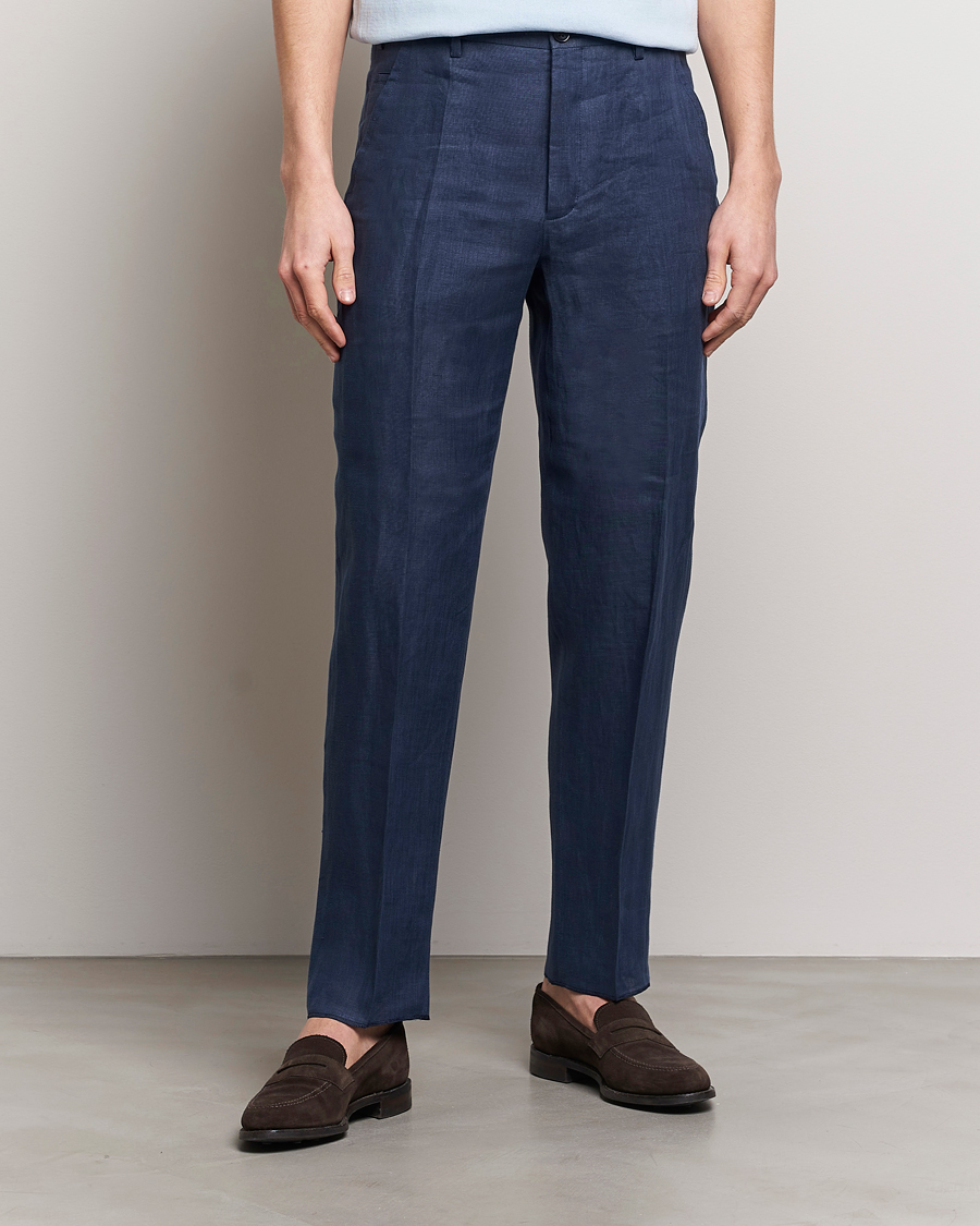 Herre | Incotex | Incotex | Straight Fit Pure Linen Trousers Navy