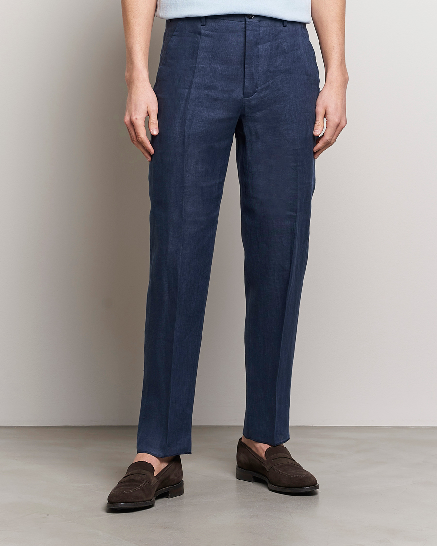 Herre | Linbukser | Incotex | Straight Fit Pure Linen Trousers Navy