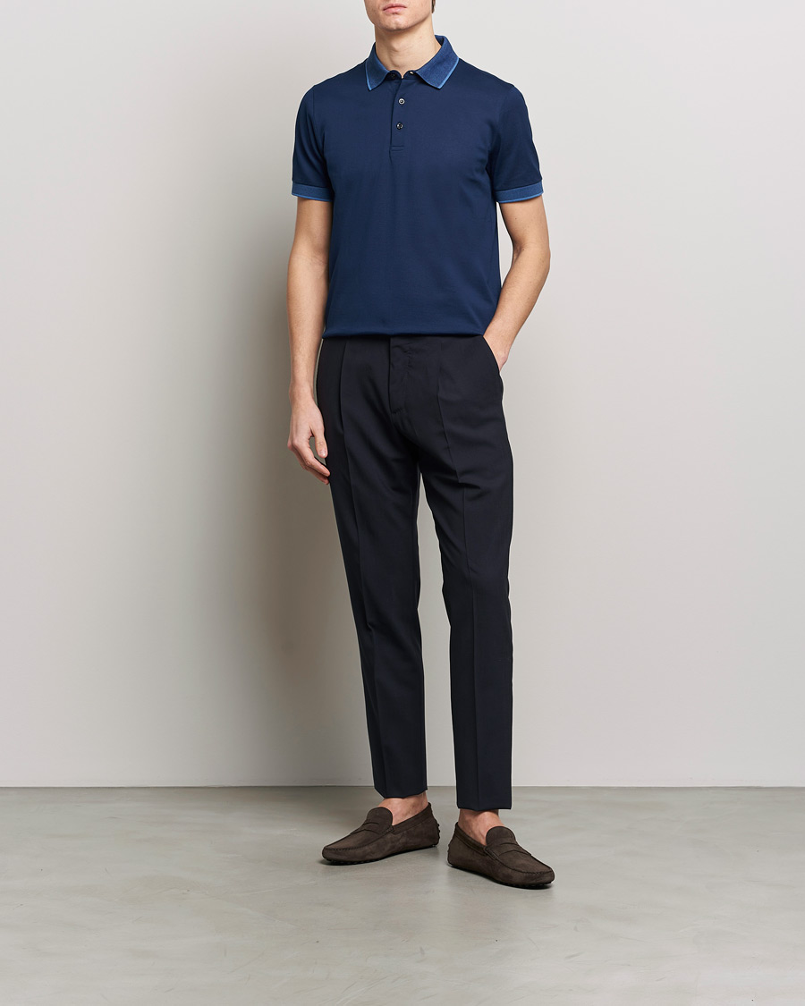 Herre | Pikéer | Canali | Contrast Collar Short Sleeve Polo Dark Blue