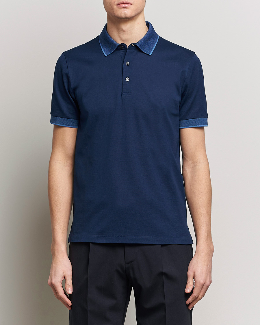 Herre | Avdelinger | Canali | Contrast Collar Short Sleeve Polo Dark Blue