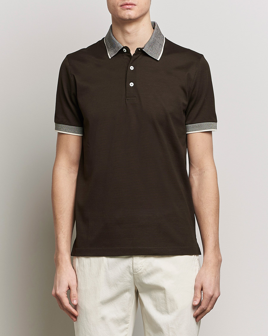 Herre | Pikéer | Canali | Contrast Collar Short Sleeve Polo Dark Brown