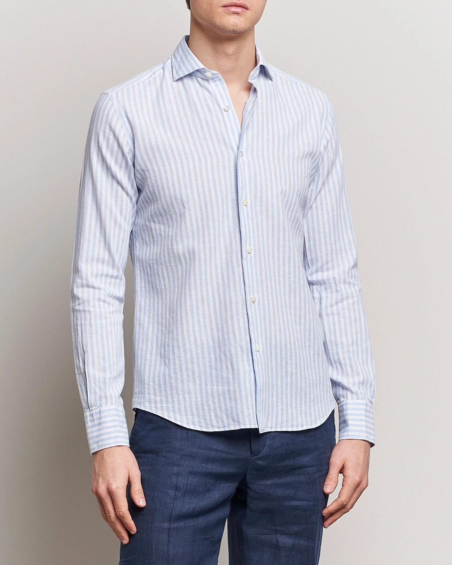 Herre | Casual | Grigio | Washed Linen Shirt Light Blue Stripe