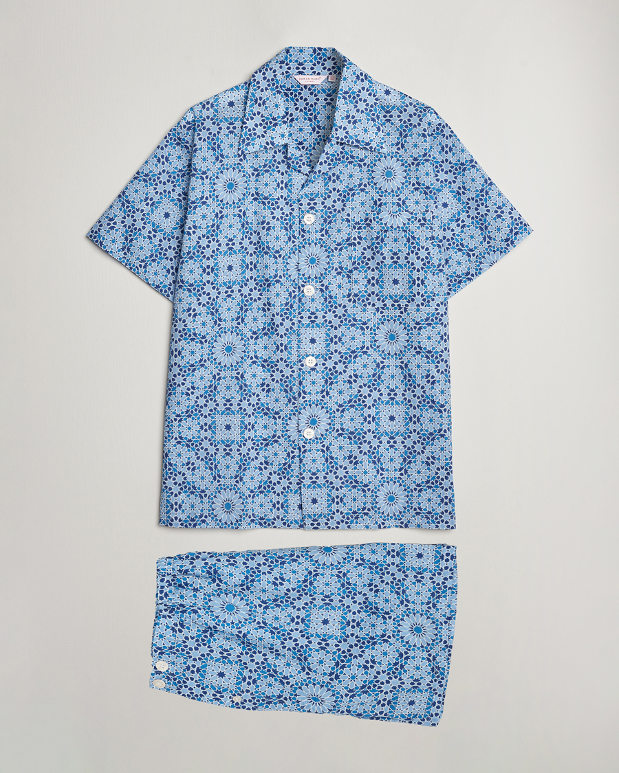 Herre | Pyjamaser og badekåper | Derek Rose | Shortie Printed Cotton Pyjama Set Blue