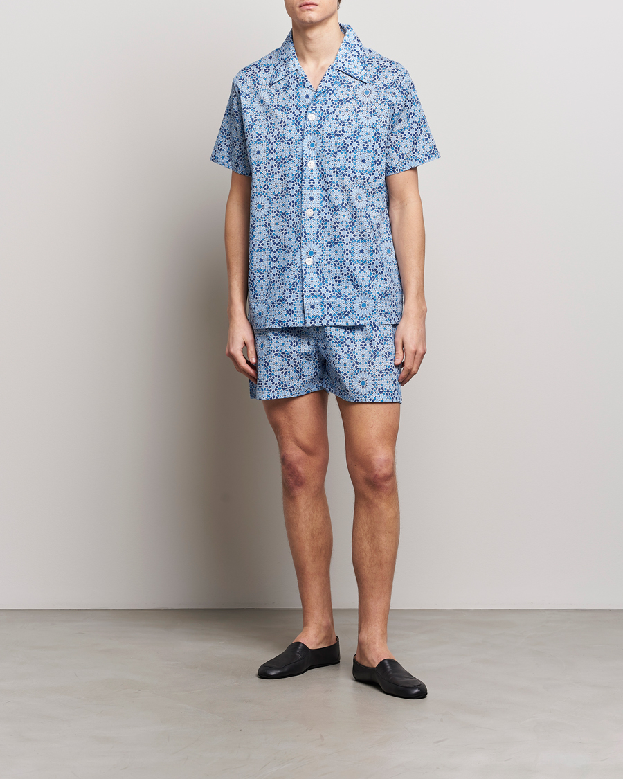 Herre | Pyjamaser og badekåper | Derek Rose | Shortie Printed Cotton Pyjama Set Blue