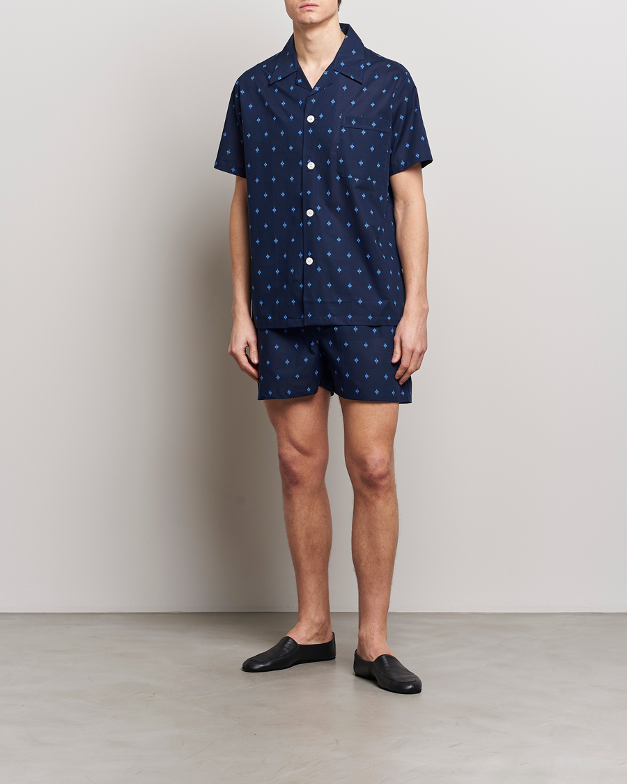 Herre | Pyjamaser og badekåper | Derek Rose | Shortie Printed Cotton Pyjama Set Navy