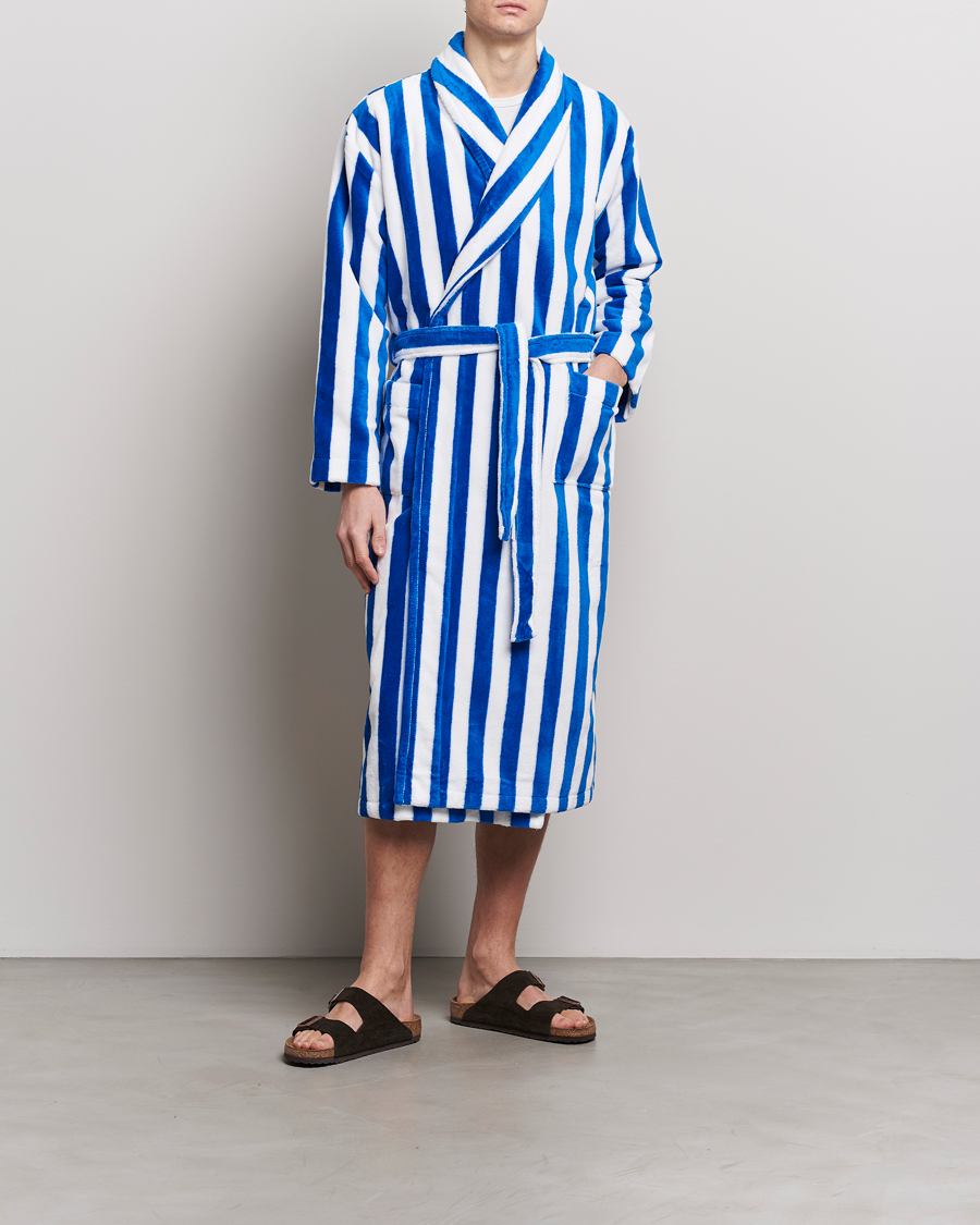Herre | Pyjamaser og badekåper | Derek Rose | Cotton Velour Striped Gown Blue/White