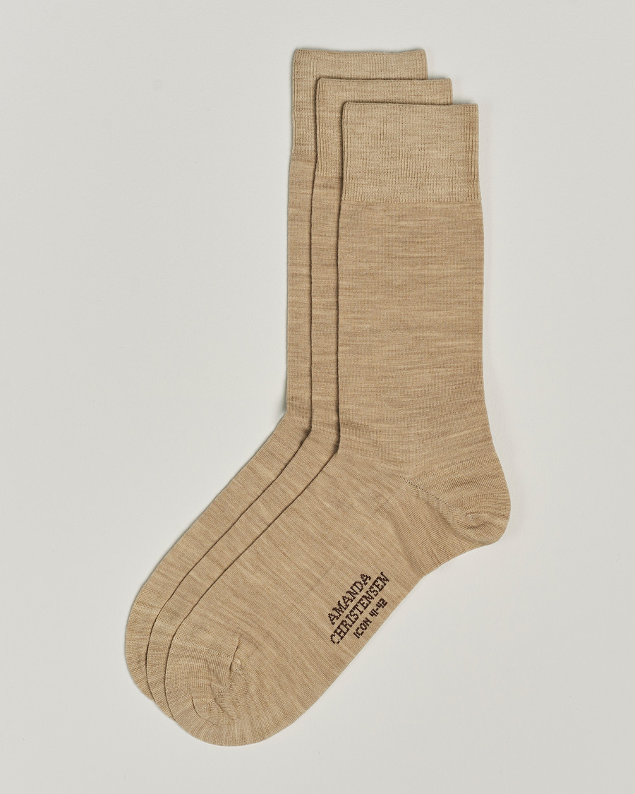 Herre | Undertøy | Amanda Christensen | 3-Pack Icon Wool/Cotton Socks Sand