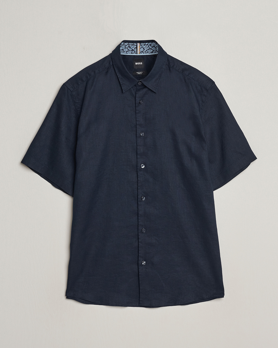 Herre | Skjorter | BOSS BLACK | Liam Short Sleeve Linen Shirt Dark Blue