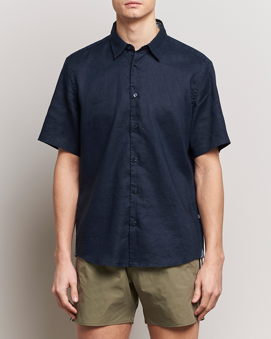 Herre | Business & Beyond | BOSS BLACK | Liam Short Sleeve Linen Shirt Dark Blue