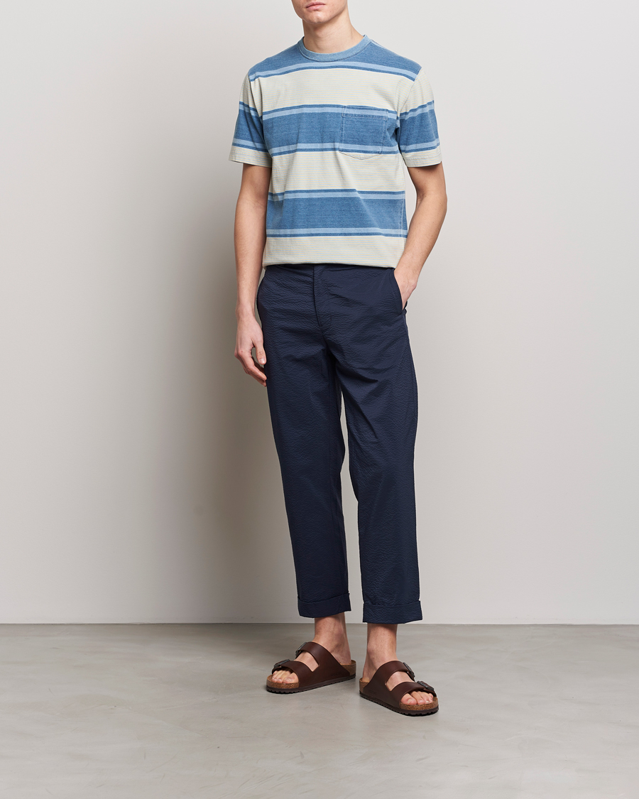 Herre | T-Shirts | BEAMS PLUS | Indigo Dyed Striped T-Shirt Sax Blue