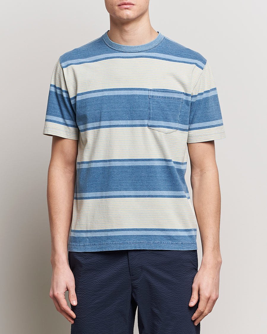 Herre | T-Shirts | BEAMS PLUS | Indigo Dyed Striped T-Shirt Sax Blue