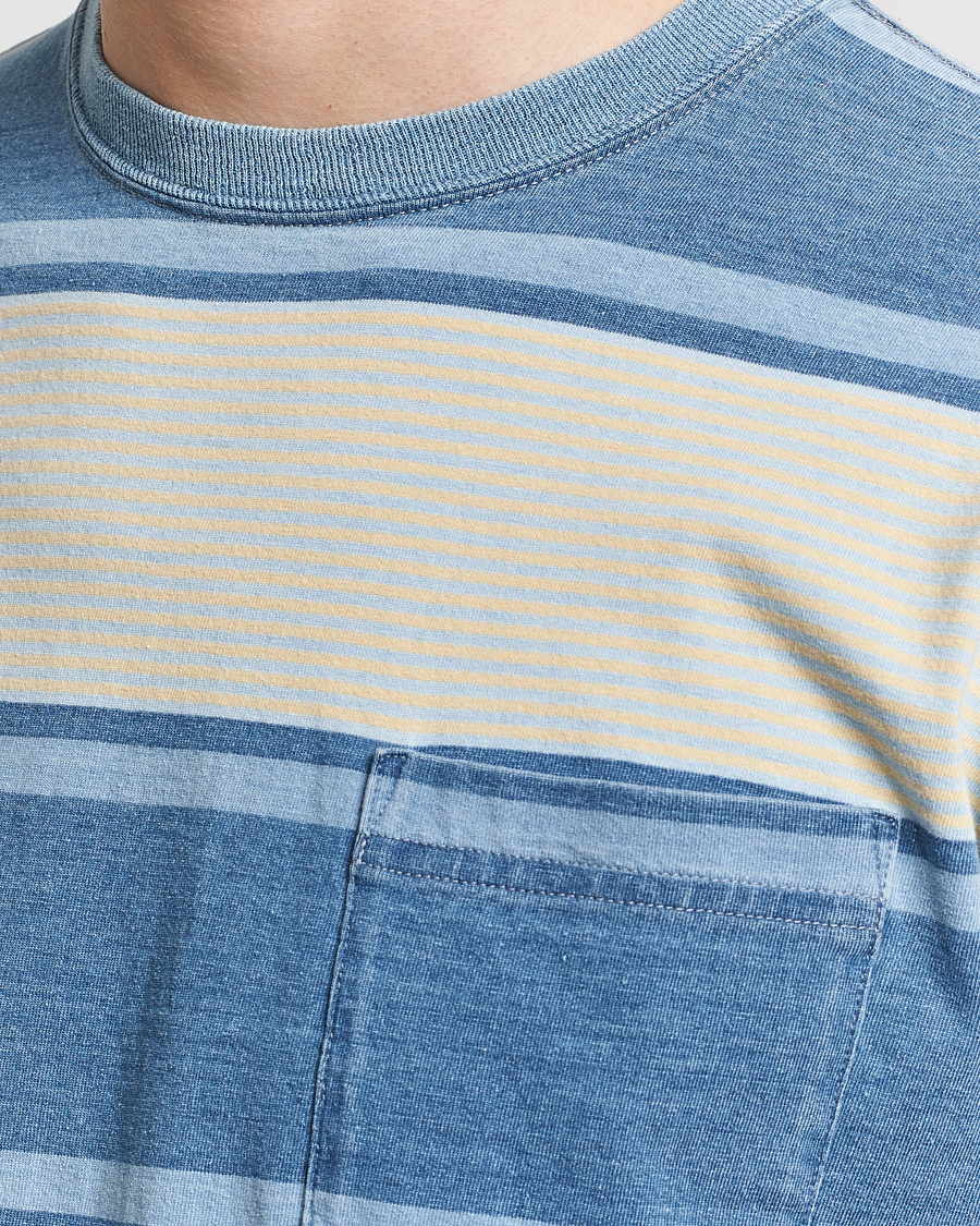 Herre | T-Shirts | BEAMS PLUS | Indigo Dyed Striped T-Shirt Sax Blue