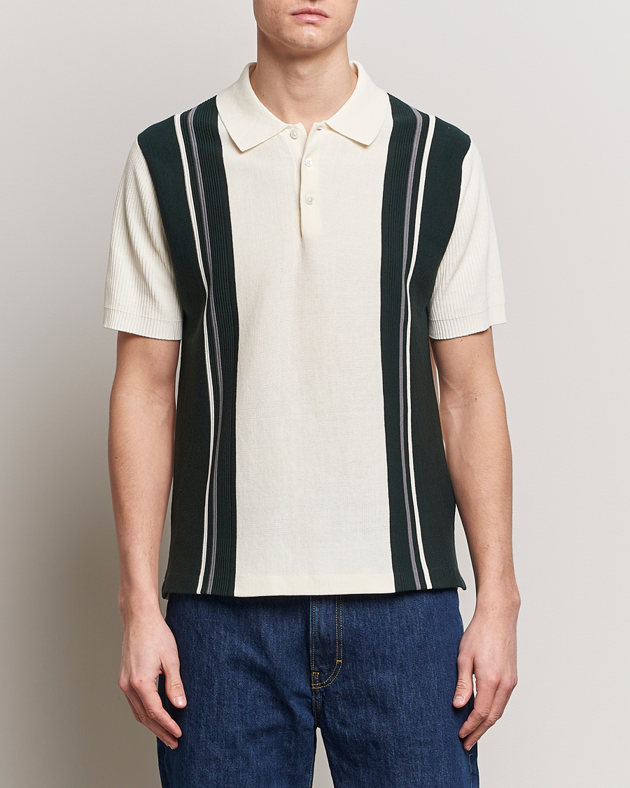 Herre | Kortermet piké | BEAMS PLUS | Knit Stripe Short Sleeve Polo White/Green