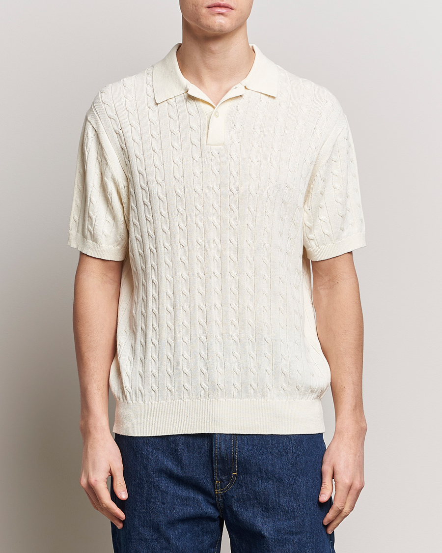 Herre | Kortermet piké | BEAMS PLUS | Cable Knit Short Sleeve Polo Off White