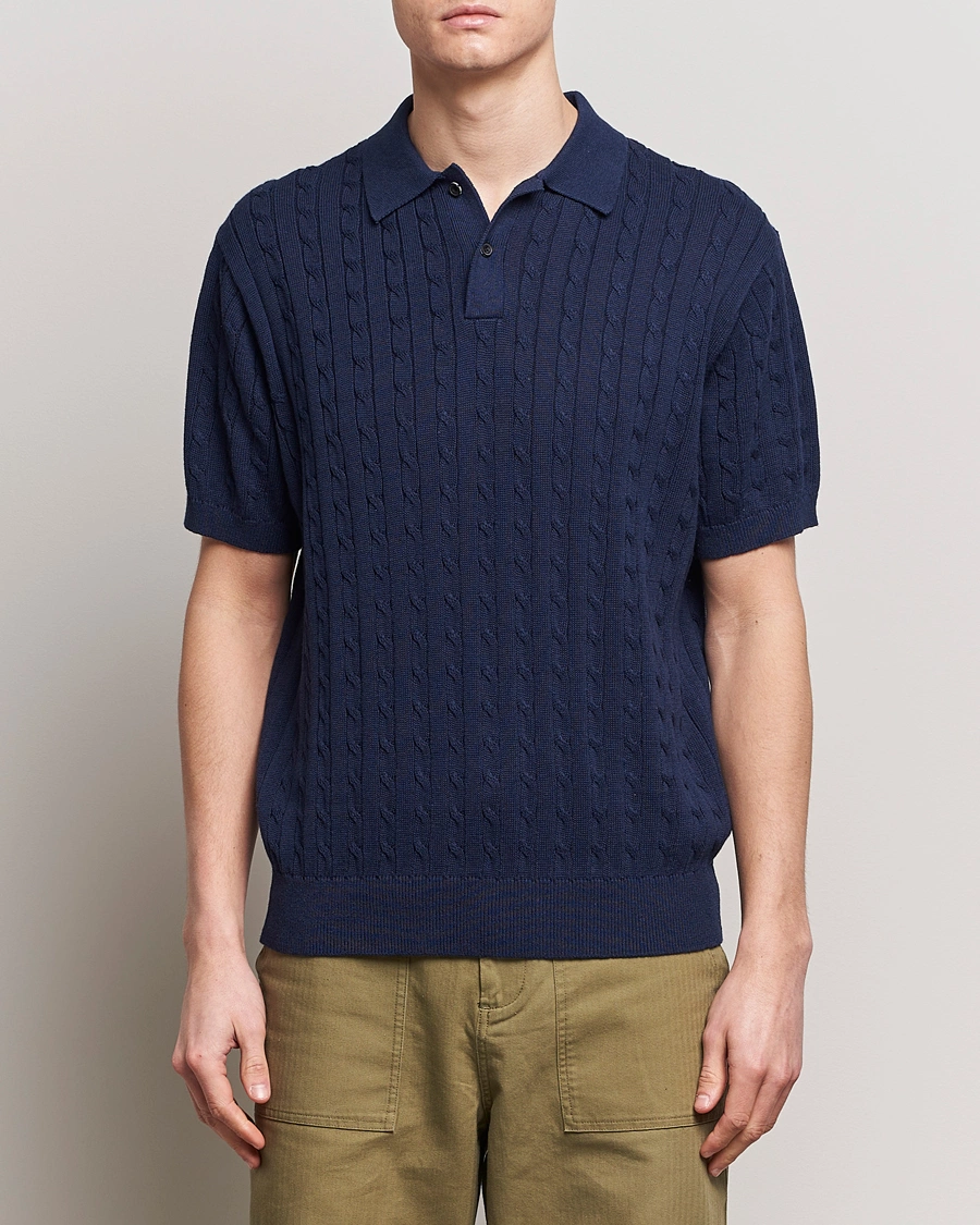 Herre | BEAMS PLUS | BEAMS PLUS | Cable Knit Short Sleeve Polo Navy