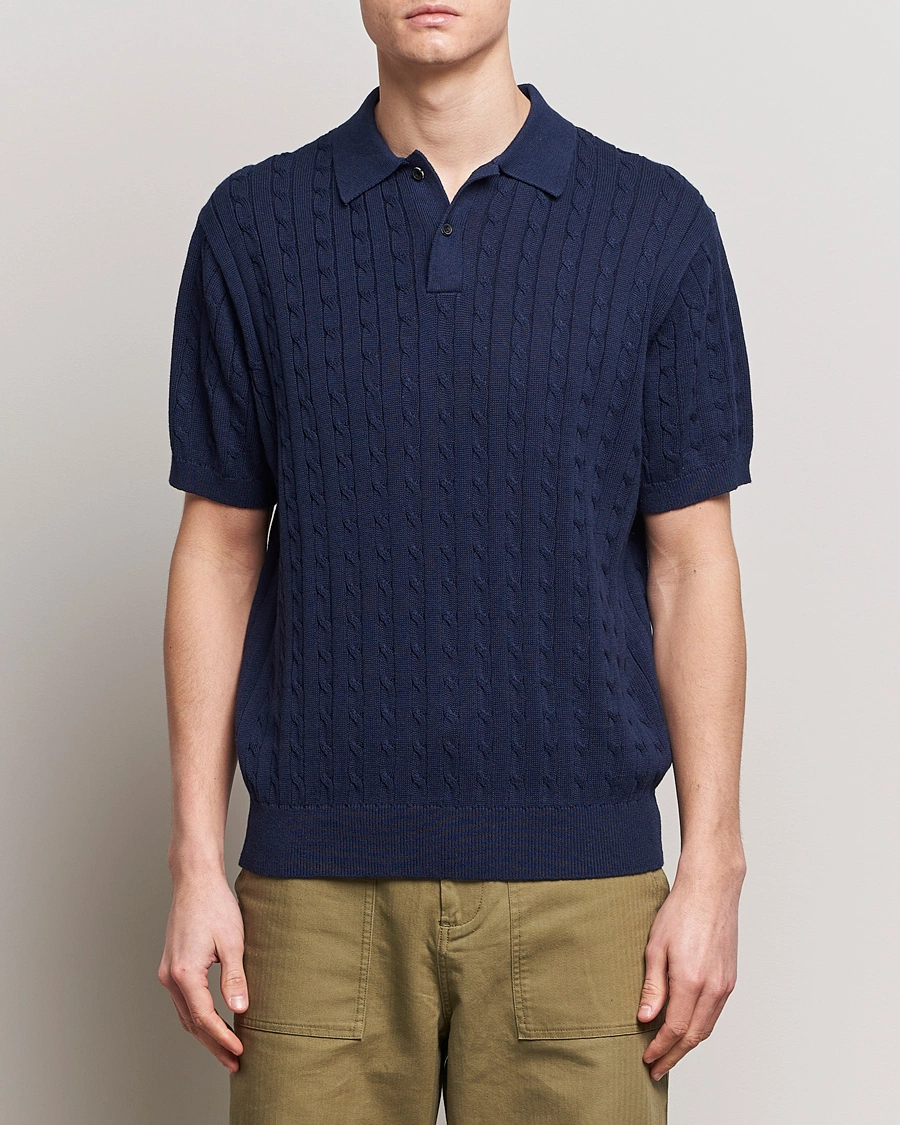 Herre | Plagg i lin | BEAMS PLUS | Cable Knit Short Sleeve Polo Navy