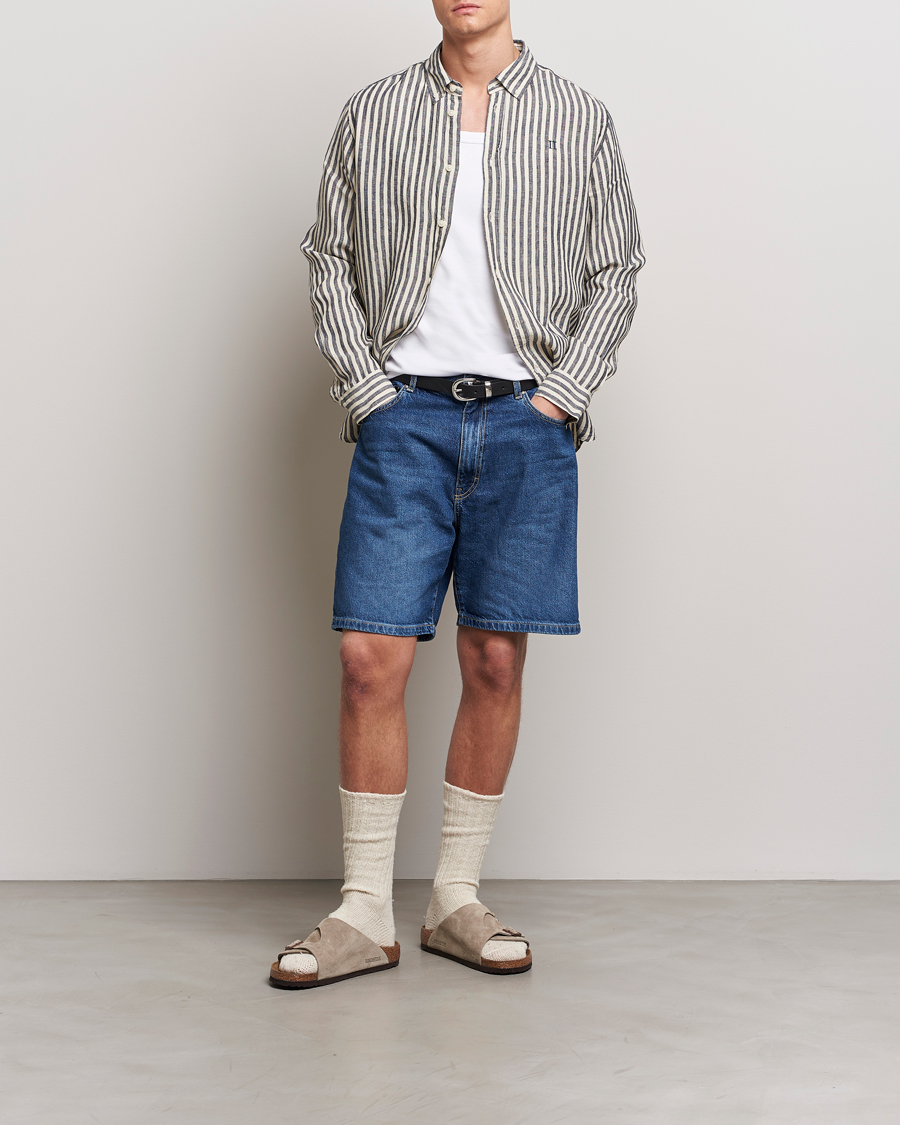 Herre | Skjorter | LES DEUX | Kristian Striped Linen Button Down Shirt Ivory/Navy