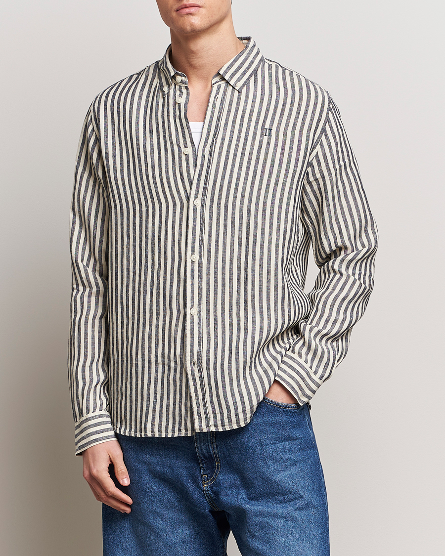 Herre | Hørskjorter | LES DEUX | Kristian Striped Linen Button Down Shirt Ivory/Navy