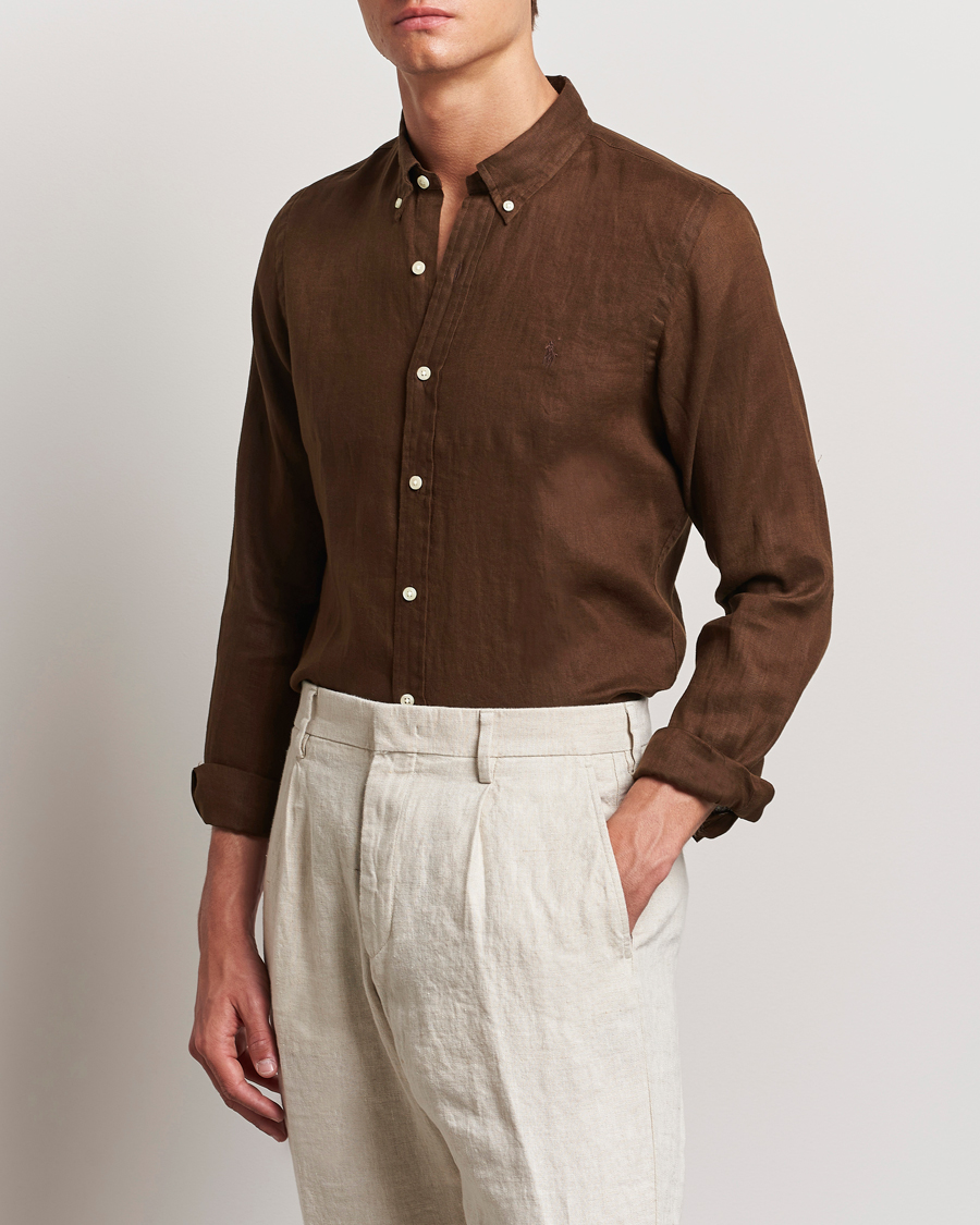 Herre |  | Polo Ralph Lauren | Slim Fit Linen Button Down Shirt Chocolate Mousse