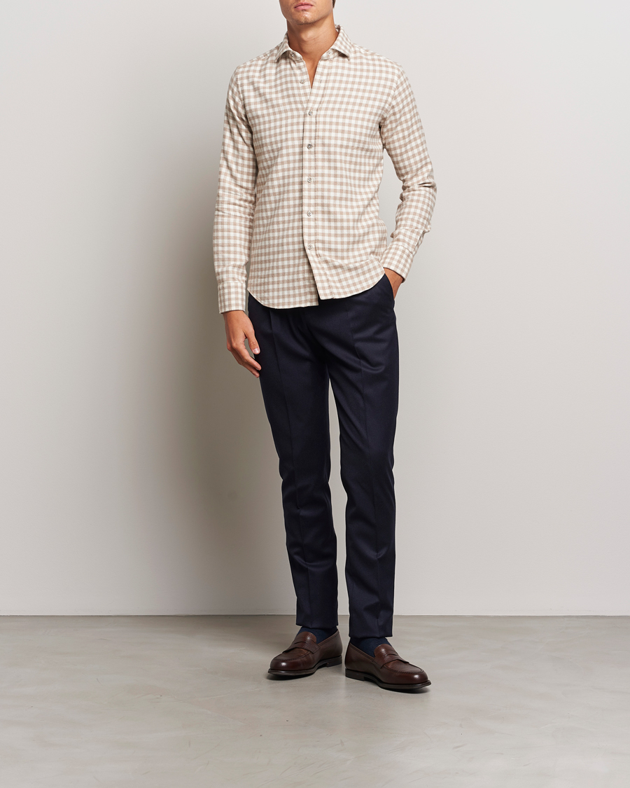 Herre | Skjorter | Grigio | Washed Flannel Shirt Beige Check