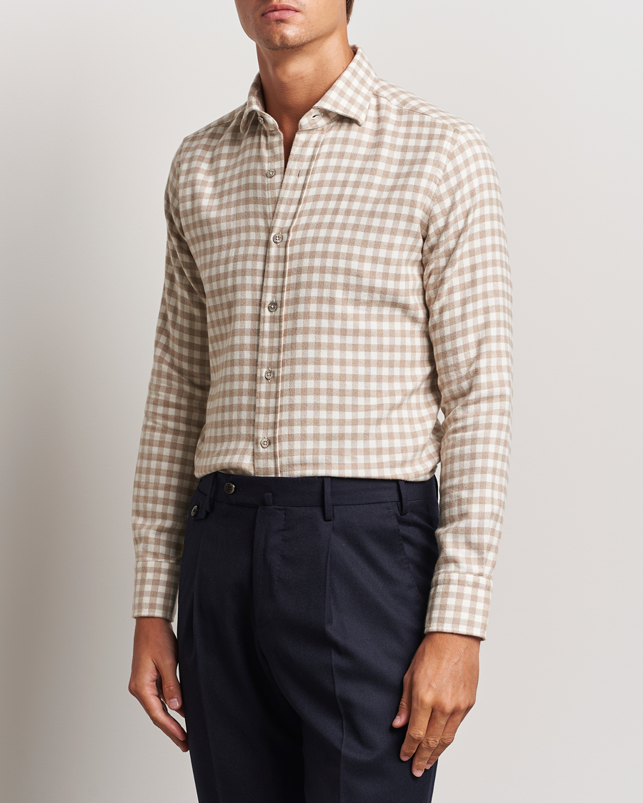 Herre | Skjorter | Grigio | Washed Flannel Shirt Beige Check