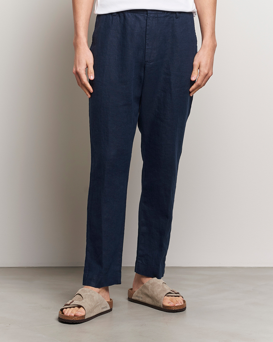 Herre | Linbukser | NN07 | Billie Linen Drawstring Trousers Navy Blue