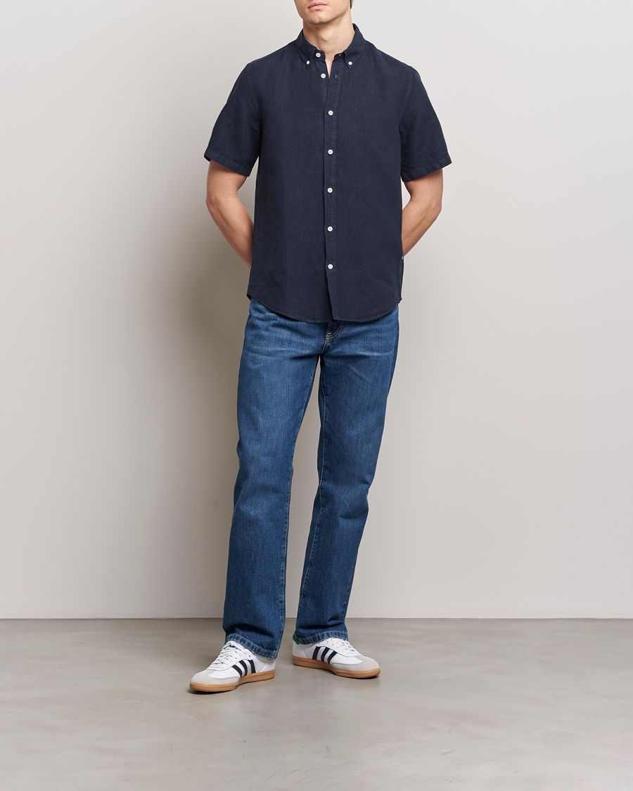 Herre | Skjorter | NN07 | Arne Linen Short Sleeve Shirt Navy Blue