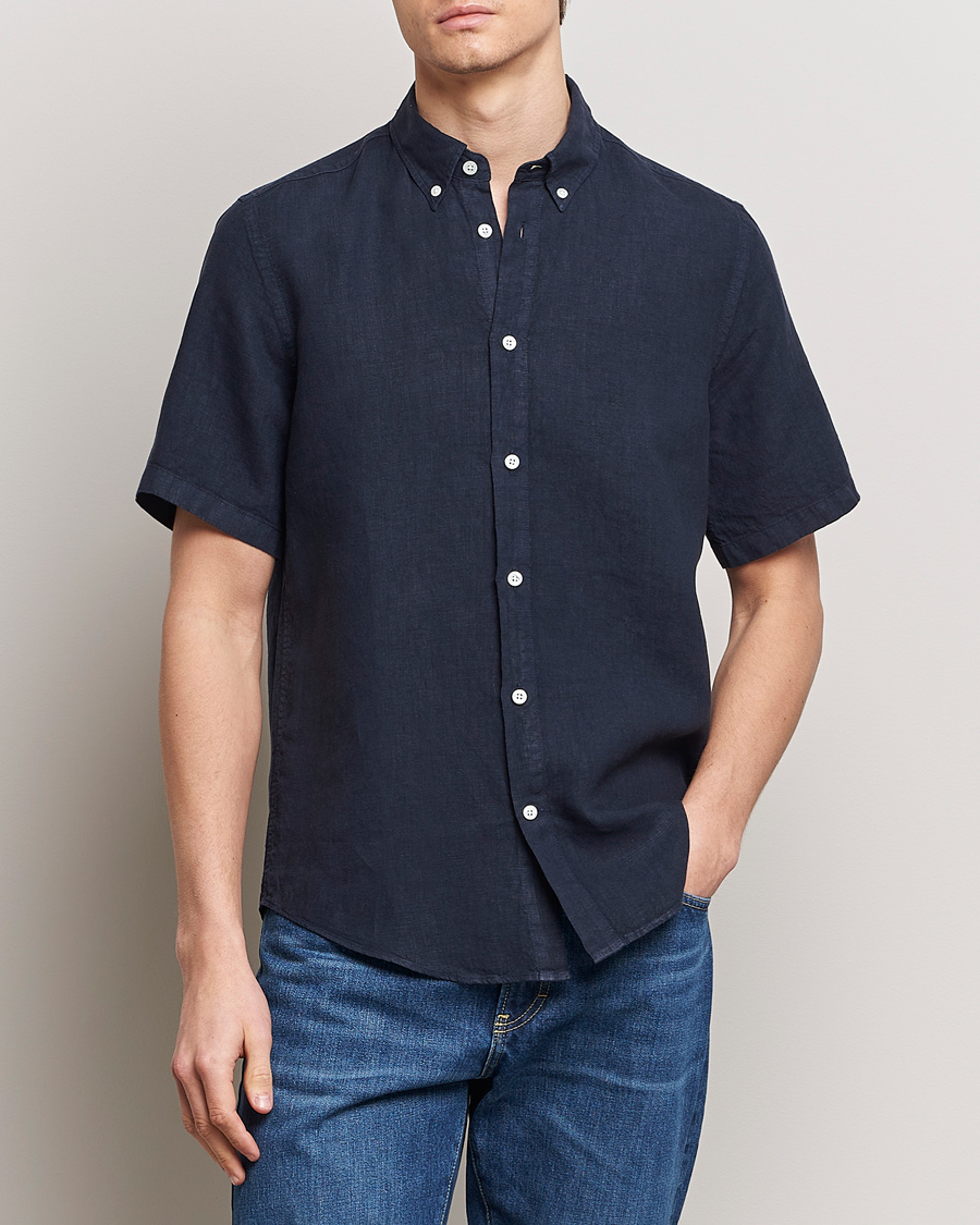 Herre |  | NN07 | Arne Linen Short Sleeve Shirt Navy Blue