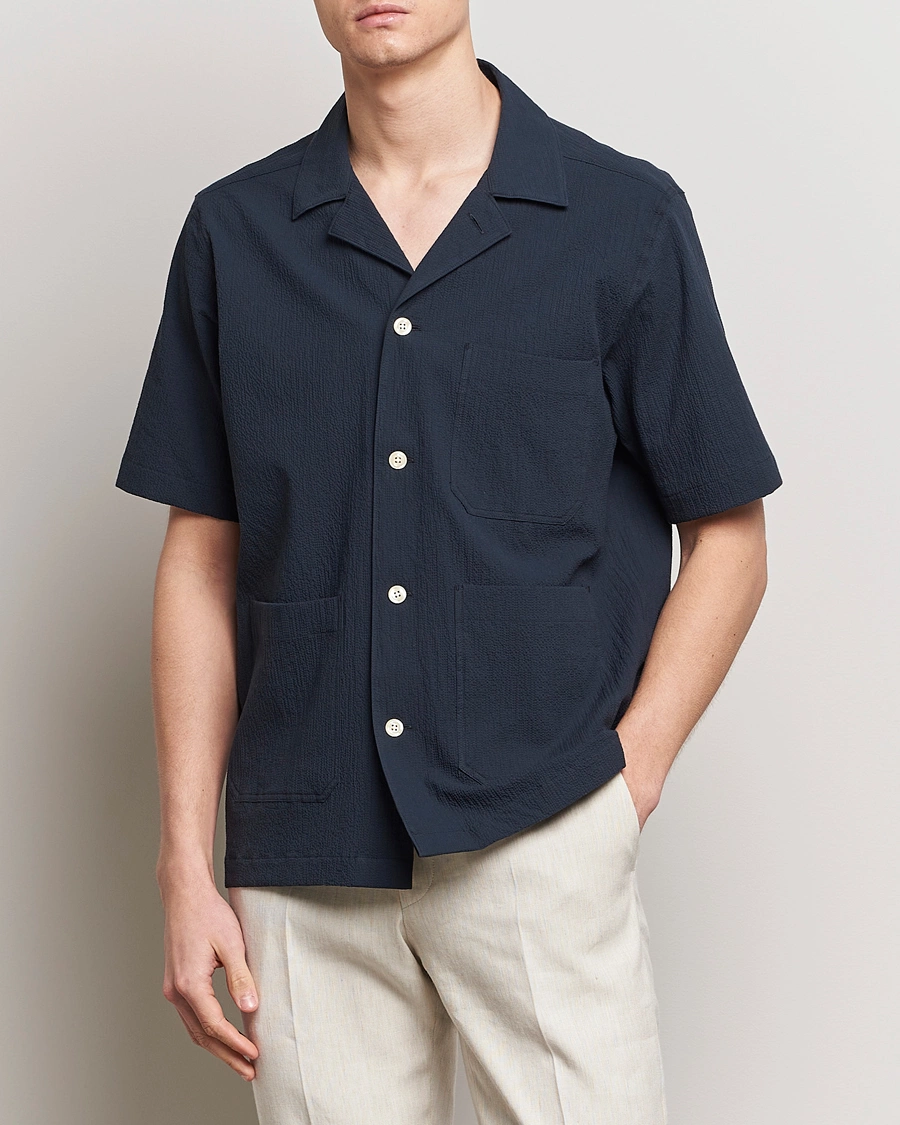 Herre | Kortermede skjorter | Oscar Jacobson | Hanks Reg Seersucker Shirt Navy