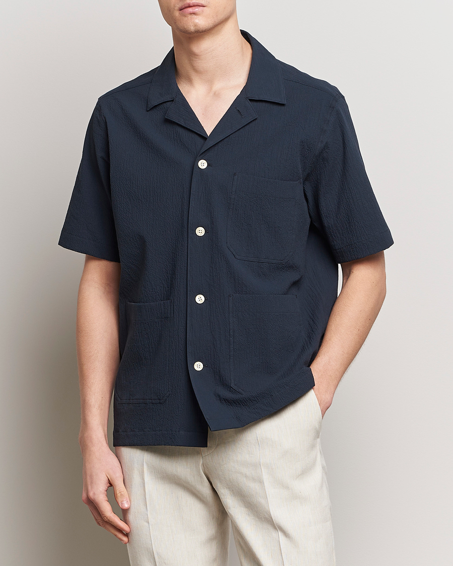 Herre | Casual | Oscar Jacobson | Hanks Reg Seersucker Shirt Navy