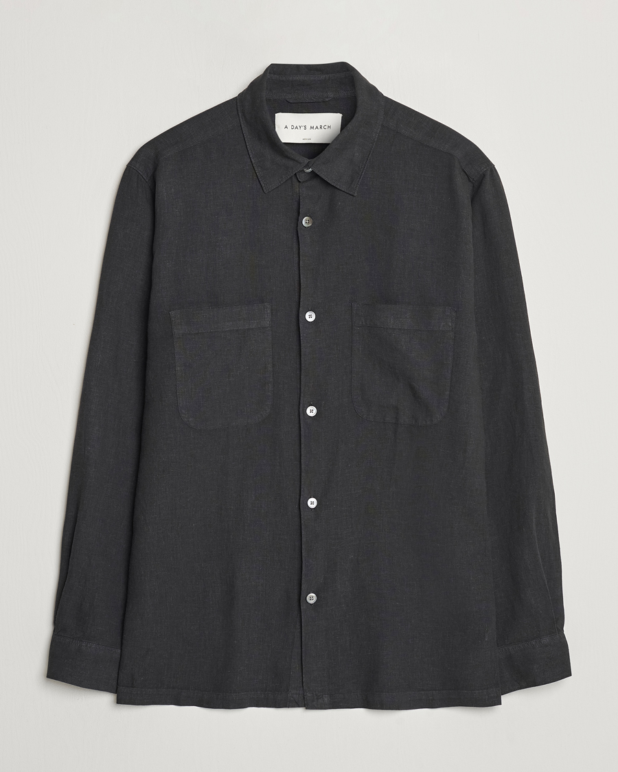 Herre | Skjorter | A Day's March | Balain Linen/Viscose Shirt Off Black