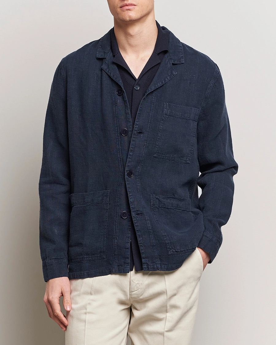Herre | Casual | A Day's March | Bangher Linen Overshirt Navy