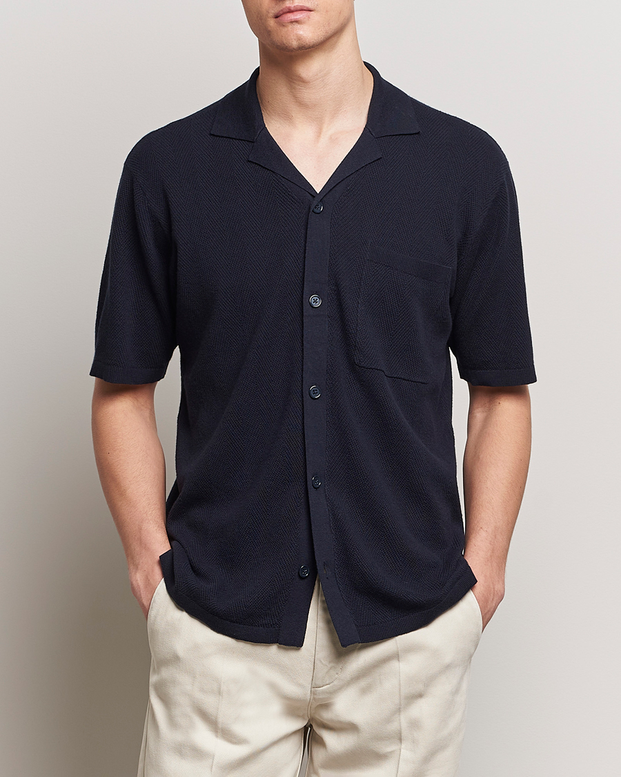 Herre | Kortermede skjorter | A Day\'s March | Yamu Knitted Herringbone Shirt Navy