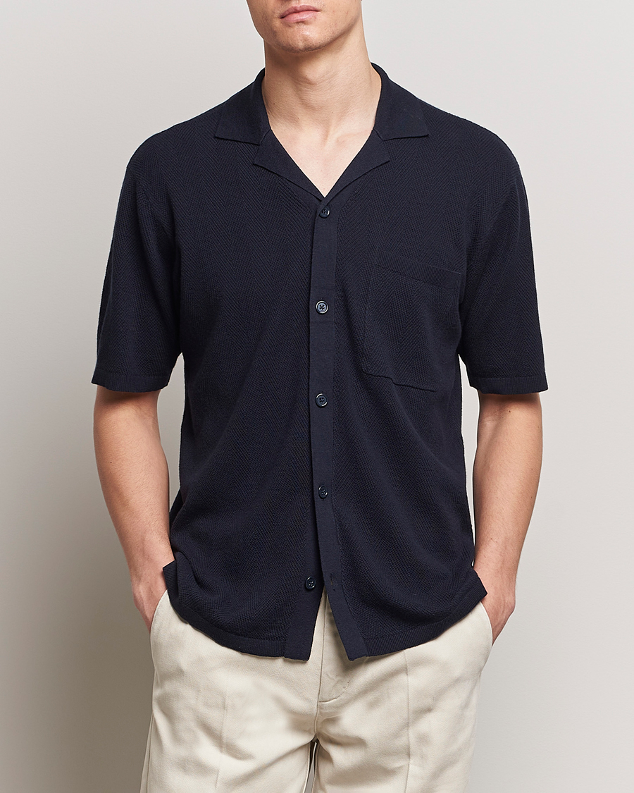 Herre | Business & Beyond | A Day\'s March | Yamu Knitted Herringbone Shirt Navy