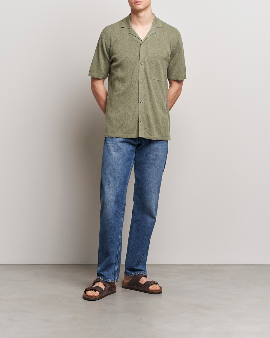 Herre | Skjorter | A Day's March | Yamu Knitted Herringbone Shirt Olive