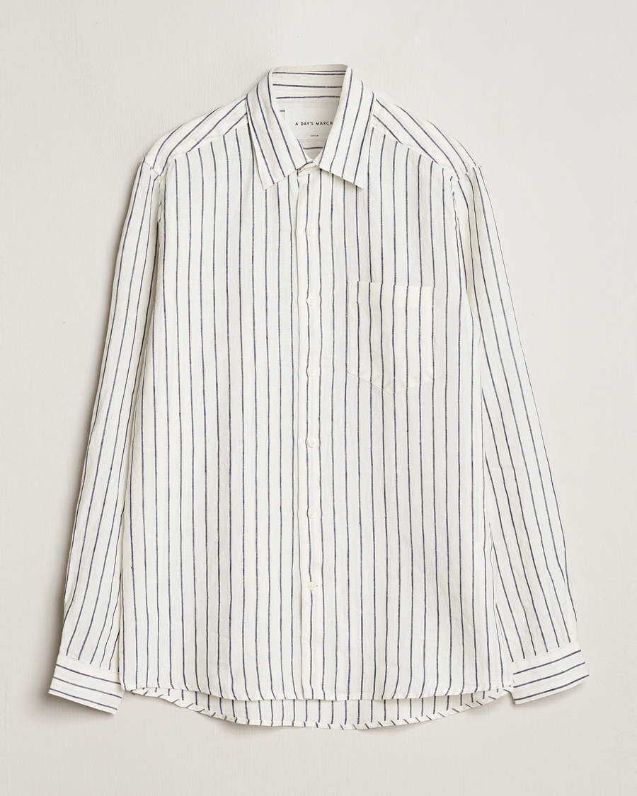 Herre | Skjorter | A Day's March | Abu Striped Linen Shirt White/Navy