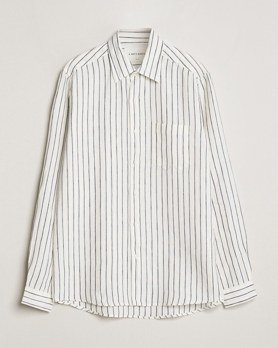 Herre |  | A Day's March | Abu Striped Linen Shirt White/Navy