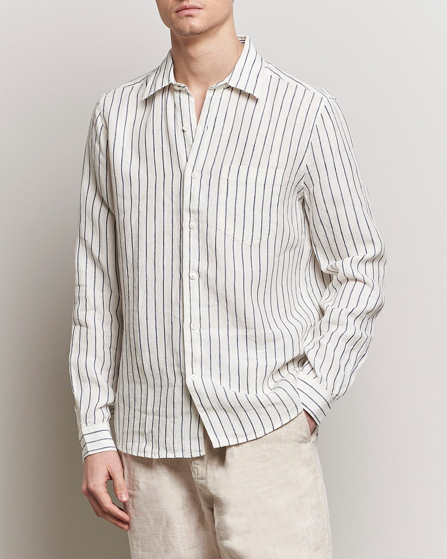 Herre | Skjorter | A Day's March | Abu Striped Linen Shirt White/Navy