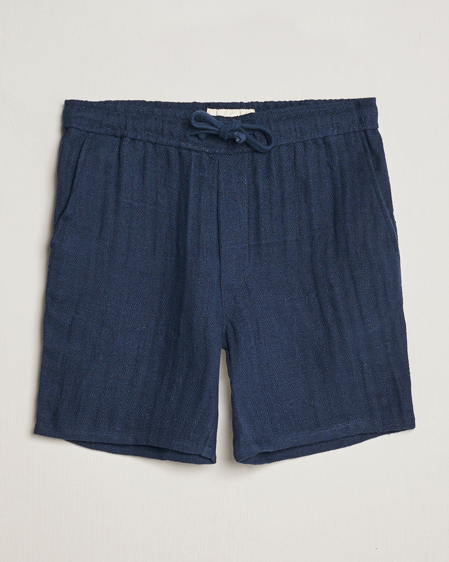 Herre | Shorts | A Day's March | Ipu Herringbone Linen Drawstring Shorts Indigo Blue