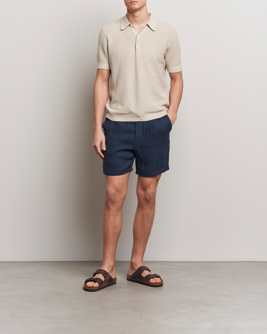 Herre | Shorts | A Day's March | Ipu Herringbone Linen Drawstring Shorts Indigo Blue
