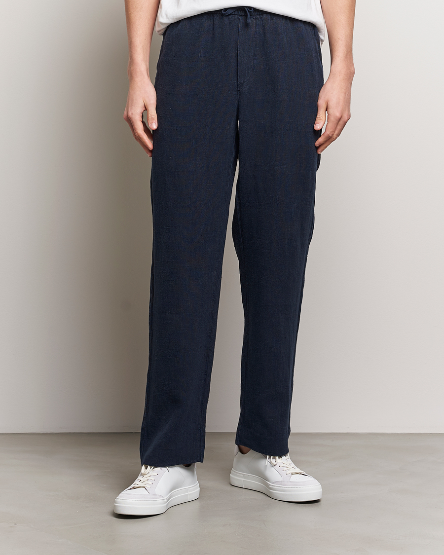 Herre | Plagg i lin | A Day's March | Tamiat Drawstring Linen Trousers Navy