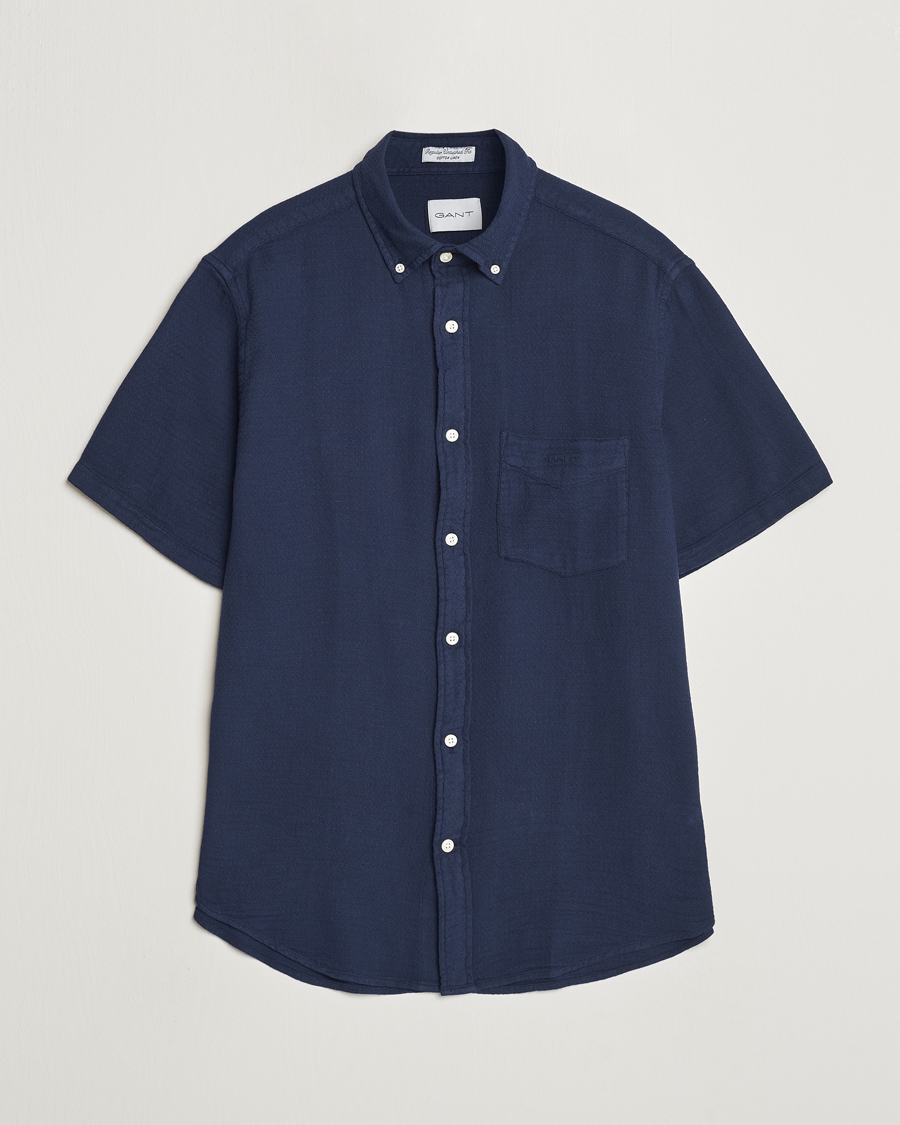 Herre | Skjorter | Gant | Cotton/Linen Texture Short Sleeve Shirt Evening Blue