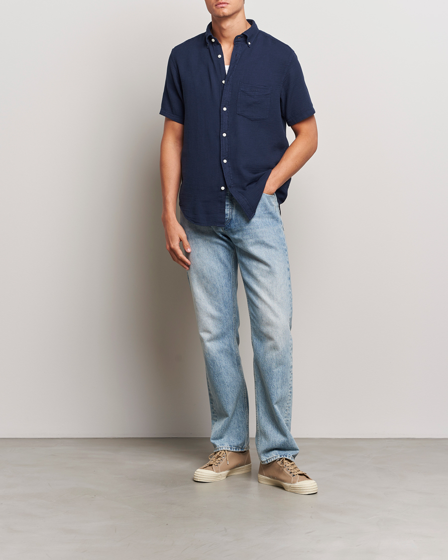 Herre | Skjorter | Gant | Cotton/Linen Texture Short Sleeve Shirt Evening Blue