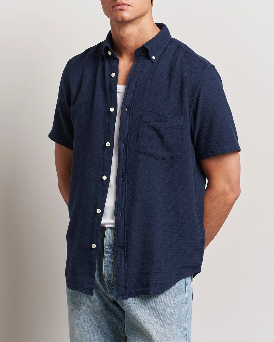 Herre | GANT | GANT | Cotton/Linen Texture Short Sleeve Shirt Evening Blue